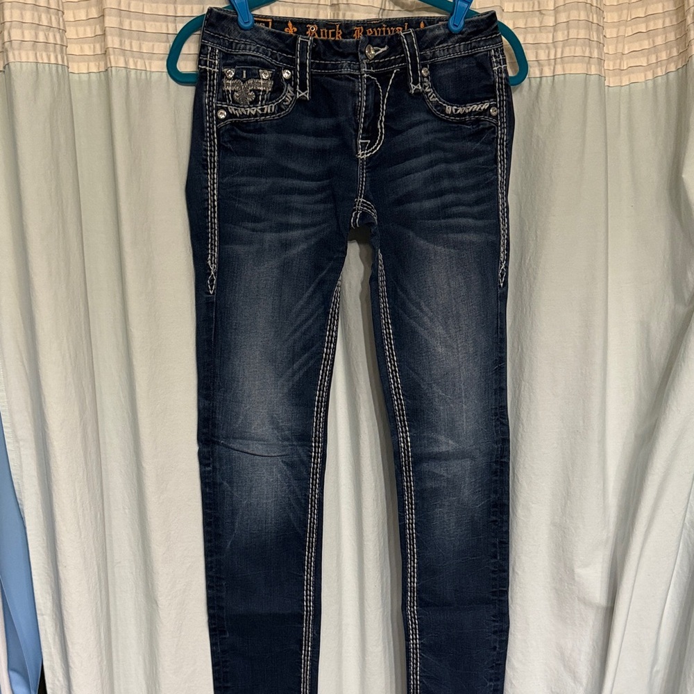 Sz 25 Low Rise Rock Revival Women's Dark Blue Skinny Jeans
